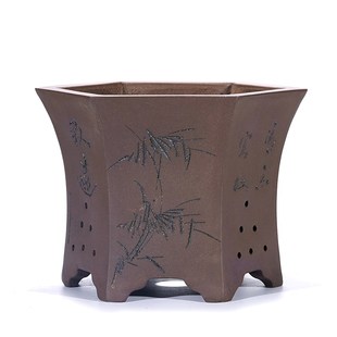 紫砂兰花盆大号出汗泥透气紫砂花盆简约六角六方形花盆