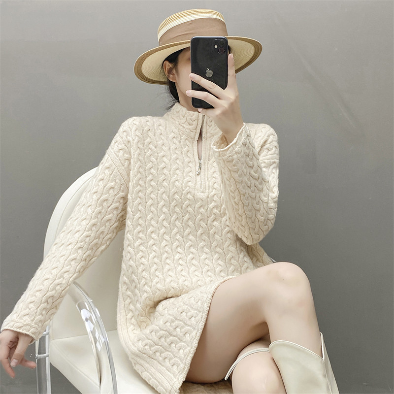 鄂尔多思2025秋冬新款半高领100%纯羊毛女士宽松休闲麻花毛衣外套