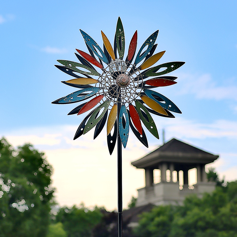 花园庭院铁艺旋转双面太阳能风车户外阳台院子网红造景装饰摆件