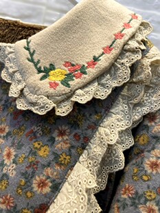 加绒连衣裙/复古磨毛麻料/森系冬季娃娃领长款收腰碎花加厚灰蓝色