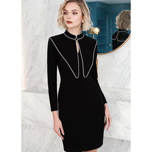 黑色年会礼服裙子 高级感气质修身 立领毛呢连衣裙2021春秋新款 女装