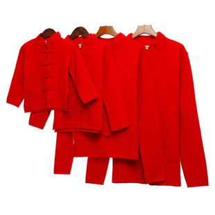 全家福亲子装男童女童红色中国风复古上衣父子母女儿童新年装唐装