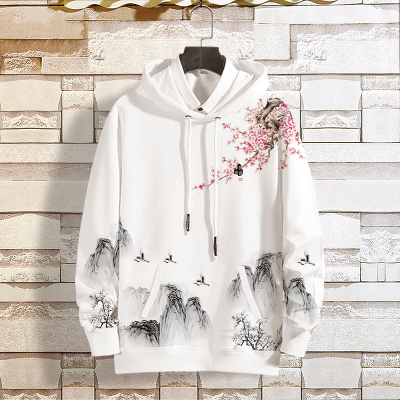 加绒卫衣男士连帽国潮山水画加厚外套秋季大码上衣中国风男装衣服
