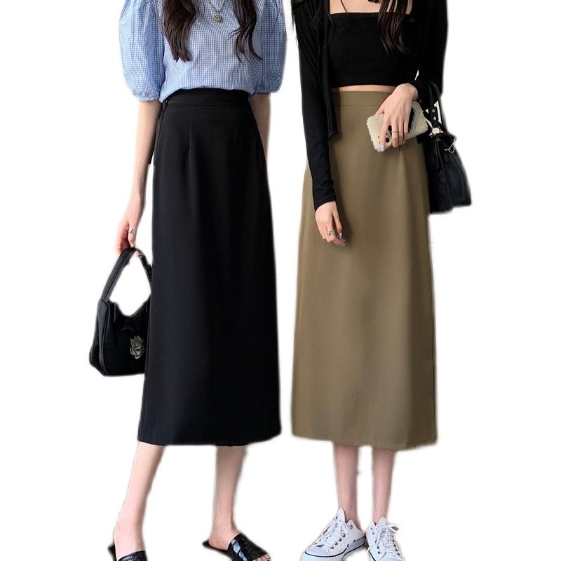 西装半身裙女中长款高腰显瘦a字裙黑色 春夏大码垂感直筒开叉长裙