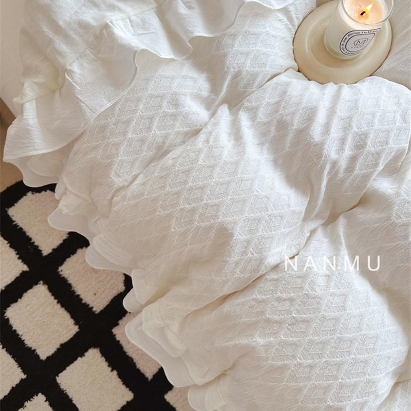 半眠日记仙女奶油白花边全棉四件套少女心干净白色纯棉床品床笠