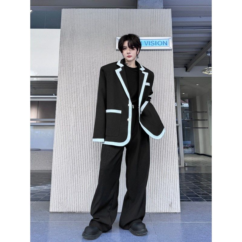 高级感黑白拼接廓形翻领垫肩西服套装男休闲气质阔腿垂感西装长裤,男装,西服套装,淘宝优惠券,粉丝福利购,淘宝优惠卷