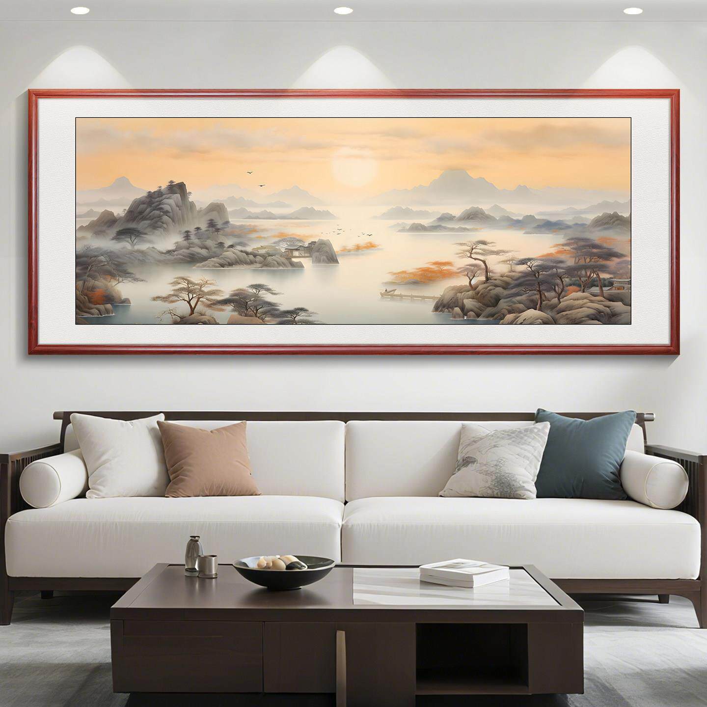 旭日东升山水画客厅挂画沙发背景墙茶室公室装饰画新款风景壁画