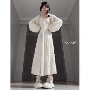 夏季 韩系可爱少女超仙收腰吊带连衣裙女搭配针织开衫 披肩两件套装