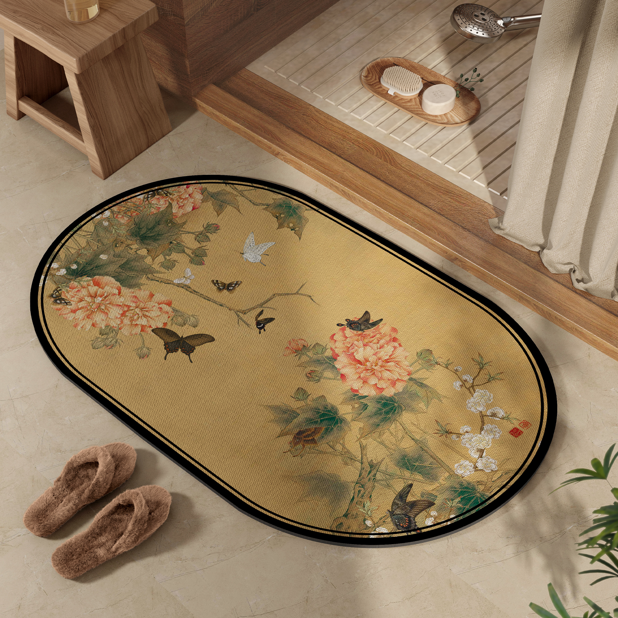 新中式浴室地垫硅藻泥吸水防滑地毯国风山水卫生间厕所浴室柜脚垫