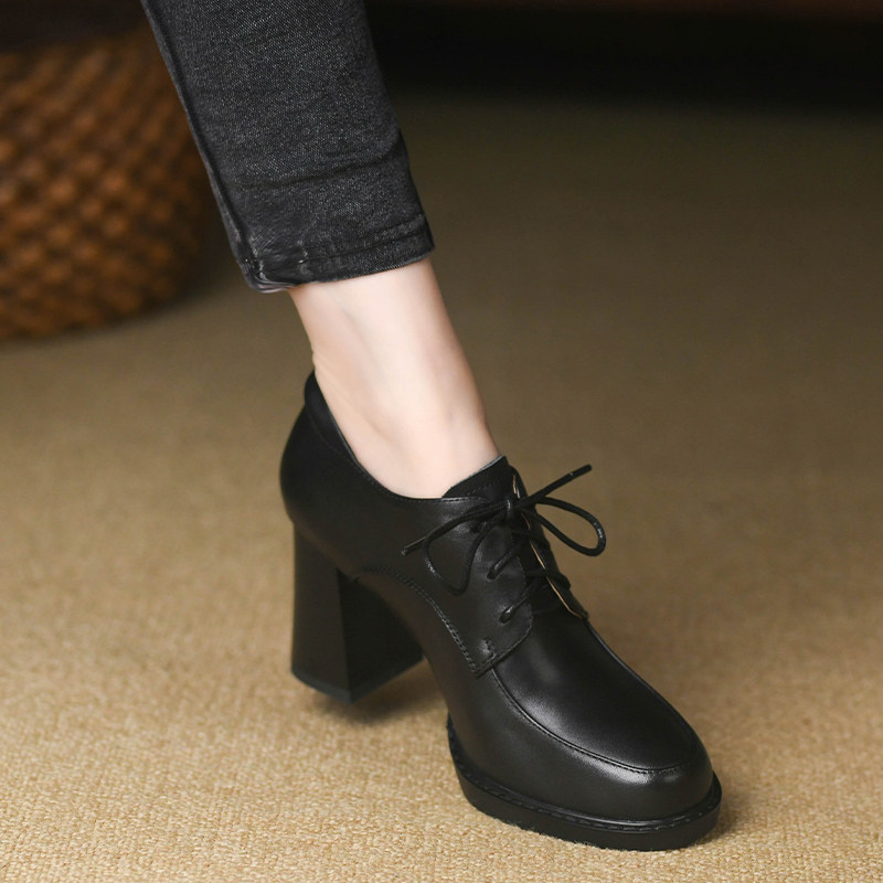 复古圆头深口单鞋女2n024新款春季真皮系带小皮鞋黑色高跟鞋女粗,女鞋,深口单鞋,淘宝优惠券,粉丝福利购,淘宝优惠卷