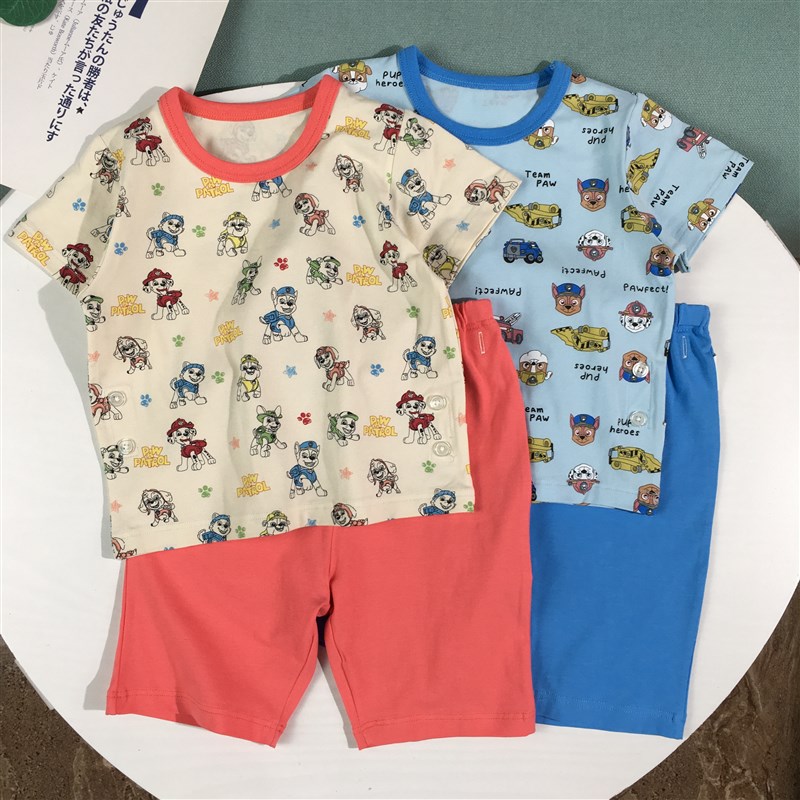 日系儿童家居服夏薄款弹力纯棉男女童短袖短裤两件套装上下扣睡衣