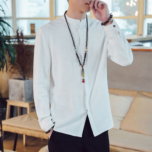 亚麻长袖衬衫外套男秋季中国风男装衬衣中式立领男V士棉麻唐装上