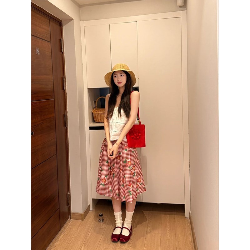 甜美俏皮格纹花色半身裙女夏季新款松紧腰宽松显瘦百搭A字中裙女