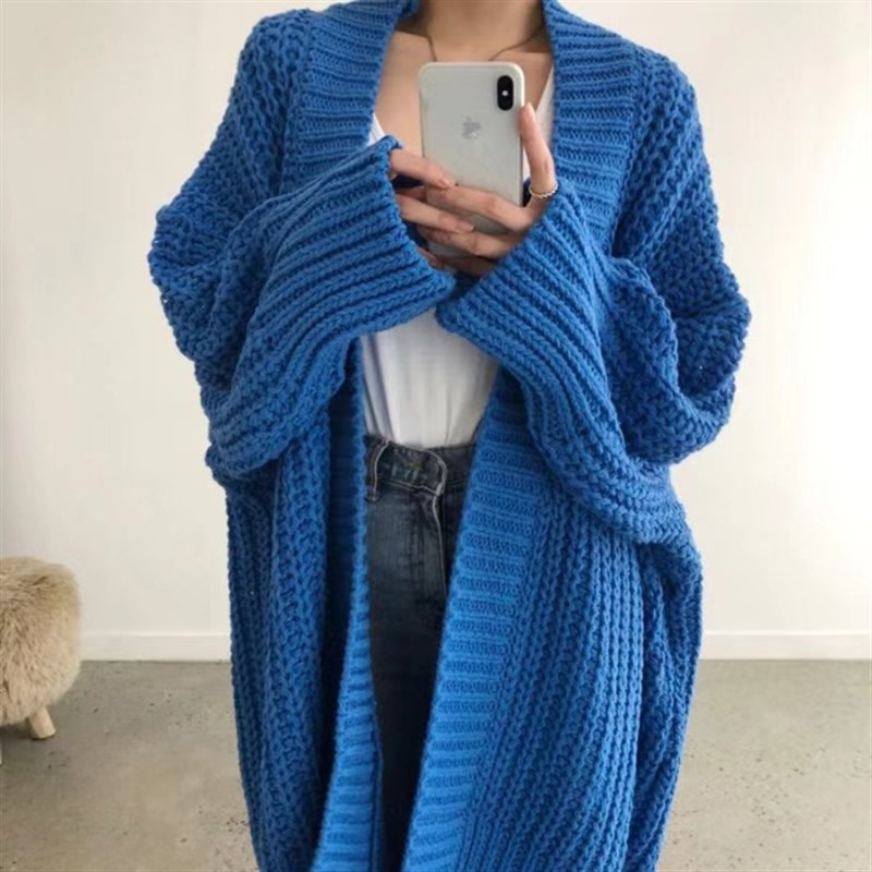 2025年新款韩版复古慵懒风宽松中长款毛衣休闲开叉粗线针织外套女