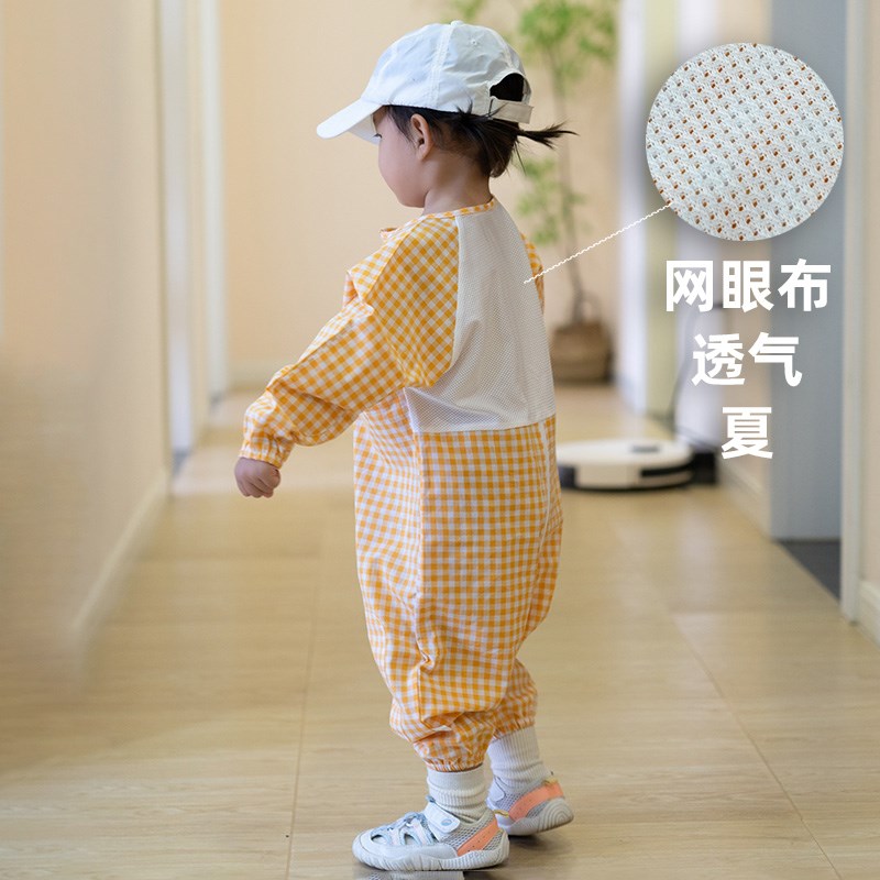 宝宝爬行服夏季天婴儿连体薄儿童外出罩衣防脏户外纯棉透气爬爬服