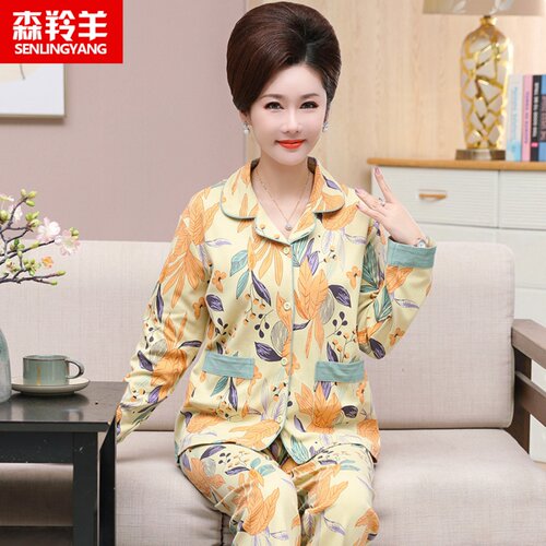 中年妈妈睡衣春秋款女女士纯棉长袖开衫薄款秋天可外穿家居服套装