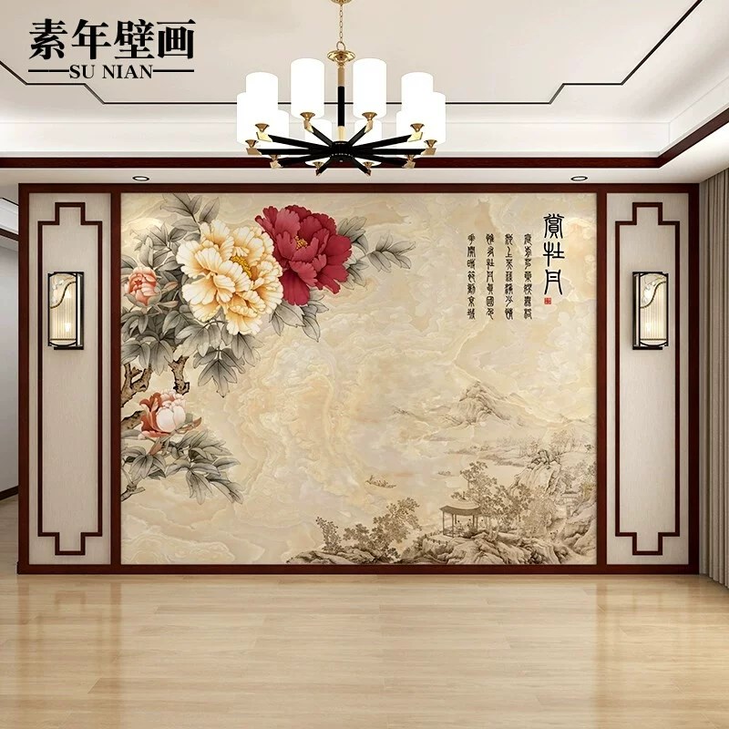 3d中式牡丹花电视背景墙壁纸客厅沙发花开富贵卧室影视墙立体壁布