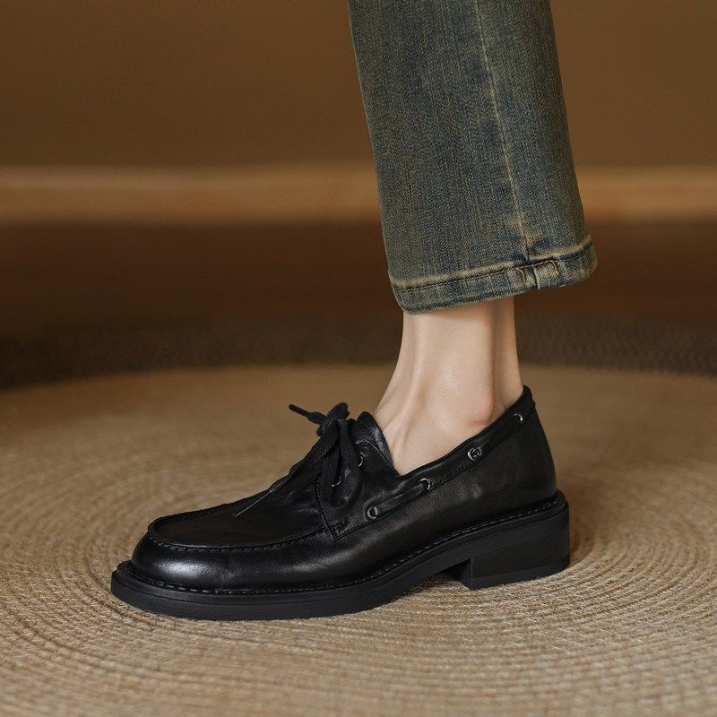 2024春秋新款真l皮厚底系带英伦风小皮鞋女粗跟松糕底黑色圆头单,女鞋,深口单鞋,淘宝优惠券,粉丝福利购,淘宝优惠卷