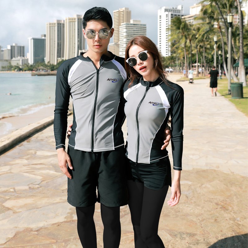 情侣泳衣女长袖长裤分体五件套防晒速干潜水服男大V码宽松游泳装
