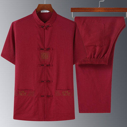 父亲节唐装套装男i爸爸中老年人男夏装亚麻男士40岁50短袖爷爷P80