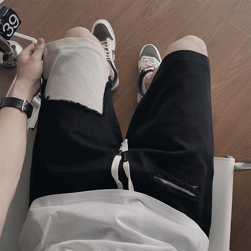 男士破洞牛仔f短裤潮牌中裤子薄款男裤夏季沙滩外穿裤衩百搭五分