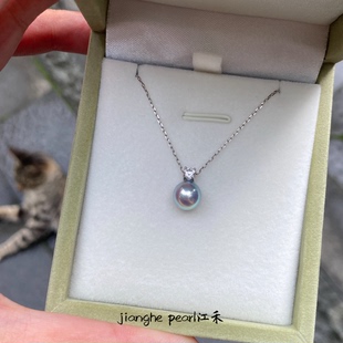 天然海水akoya真多麻珍珠王妃吊坠 18k白金戴妃项链正圆极光颈饰