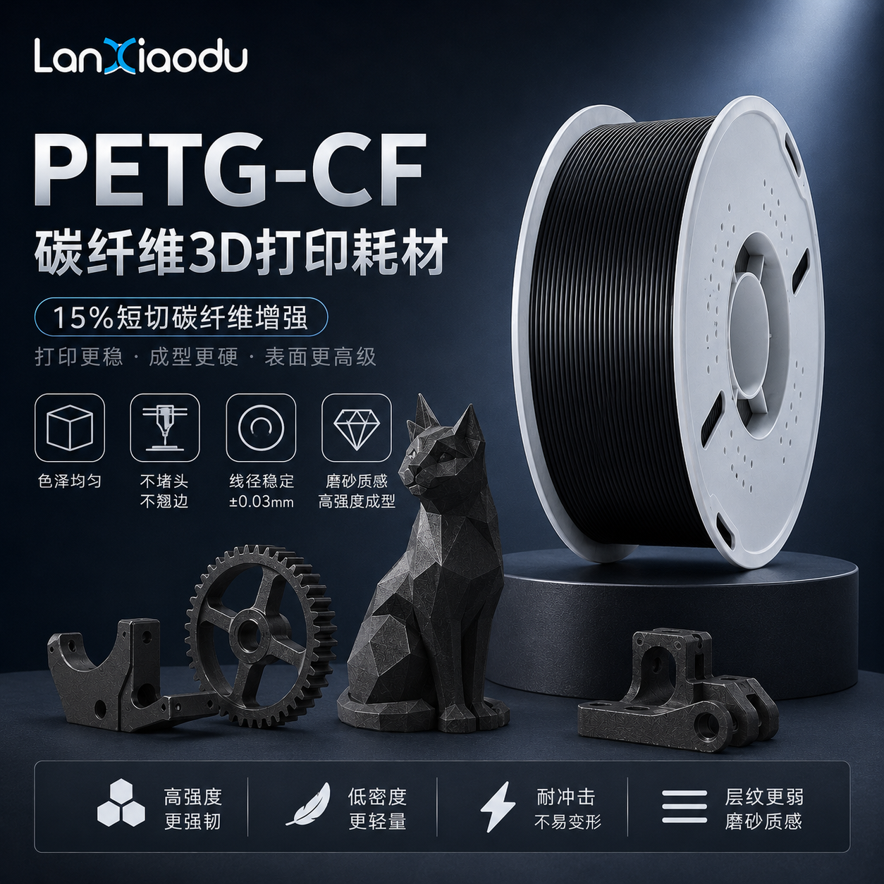 Lanxiaodu PETG基材15%碳纤维3d打印耗材增强磨砂 PETG-CF FDM高强度复合3D打印机线材适用于创想K2 PLUS拓竹