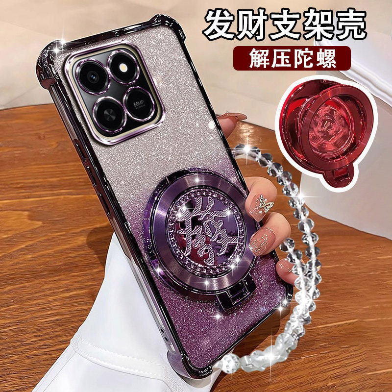 适用荣耀play10T新款手机壳Play10T国潮陀螺旋转支架LOG-AN10气囊闪粉Honorplay10T全包镜头膜防摔硅胶软壳女