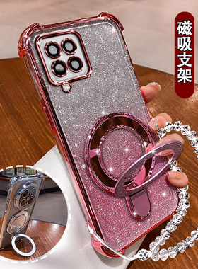 适用三星M22网红手机壳轻奢高档磁吸支架samsungM23闪粉软壳GalaxyM32气囊硅胶保护套M22防摔女m23镜头膜全包