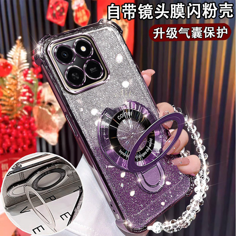 适用荣耀play10T网红手机壳镜头膜全包LOG-AN10闪粉硅胶play10t磁吸支架play10T气囊防摔软壳play10T保护套女