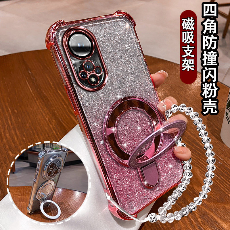 适用华为荣耀50新款手机壳闪粉磁吸支架NTH-AN00防摔保护套Honor50pro气囊软壳女RNA-AN00荣誉50SE镜头膜全包