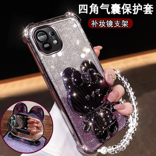 小米11新款手机壳11lite可爱支架镜子M2011K2C镜头膜全包Xiaomi11青春版闪粉硅胶软壳mi11Lite超薄防摔保护套