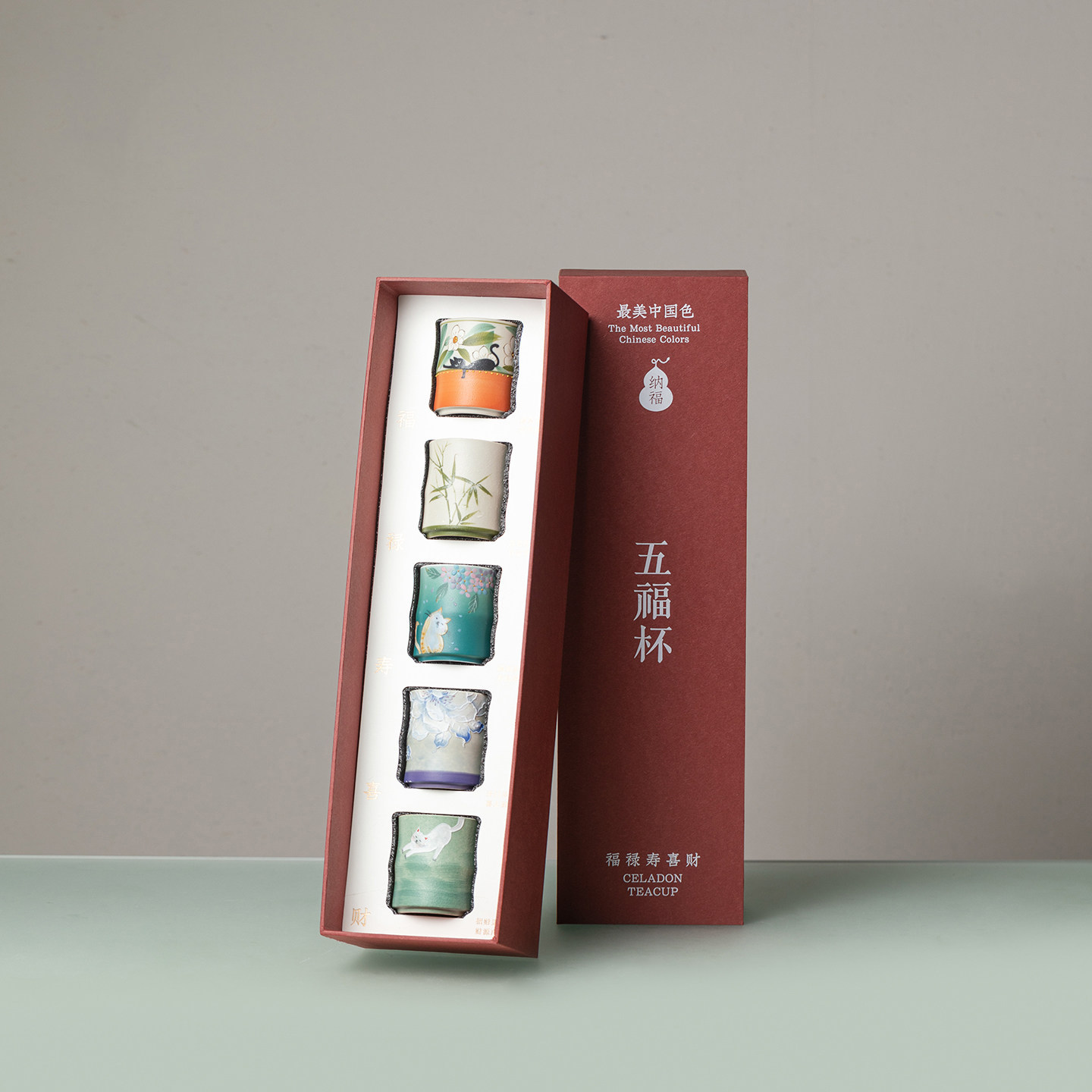 FR】手工彩绘五福杯陶瓷茶杯礼盒装套装品茗杯茶具竹节中式伴手礼图片