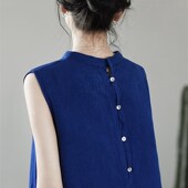 女装 亚麻连衣裙长裙后系扣 一粒盐后系扣靛蓝文艺无袖 春装 2020款