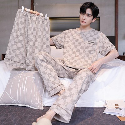 男士睡衣夏季纯棉短袖短裤s长裤三件套2024新款休闲青年全棉家居