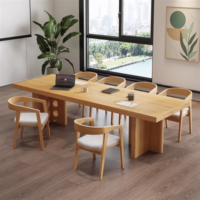 原木实木大型会议桌长桌简约现代书桌工K作台培训桌椅办公桌长条