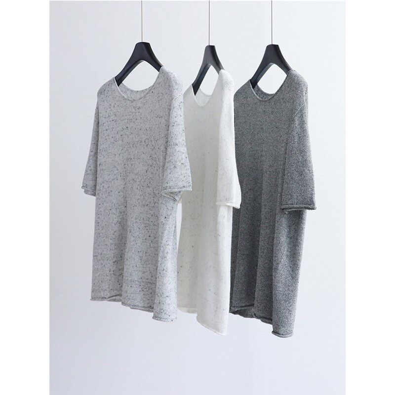 彩点纸纱亚麻随意卷边短袖针织衫宽松夏季套头罩衫五分袖上衣休闲