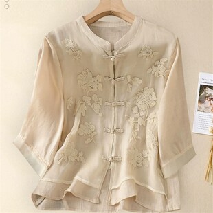 新中式国风套装女士夏季装中年妈妈棉麻七分袖上衣高端亚麻两件套