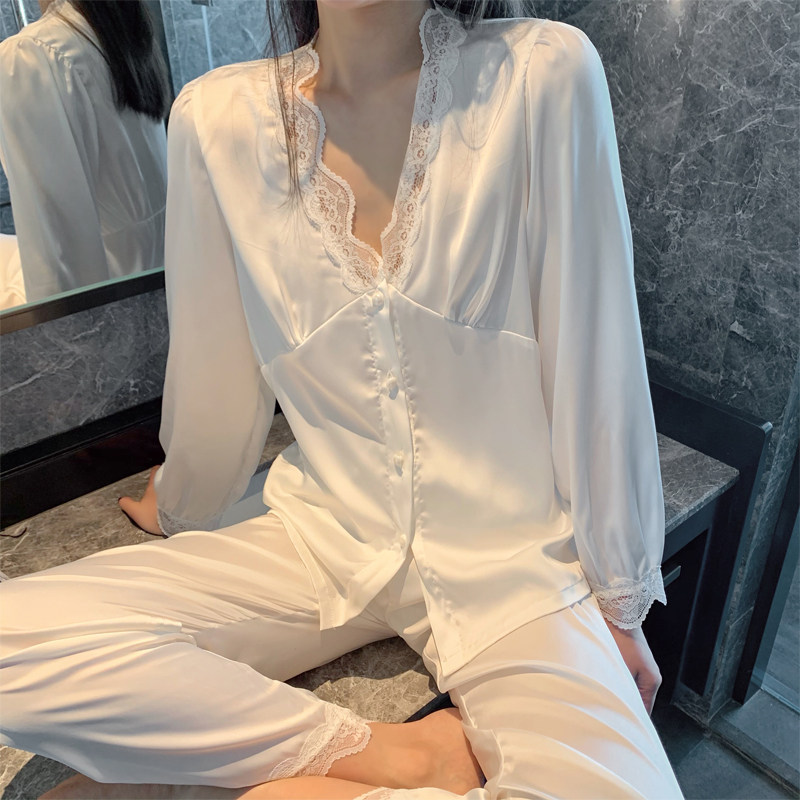 很仙的春秋季法式宫廷泡泡袖冰丝睡衣女蕾丝套装甜美丝绸家居服薄