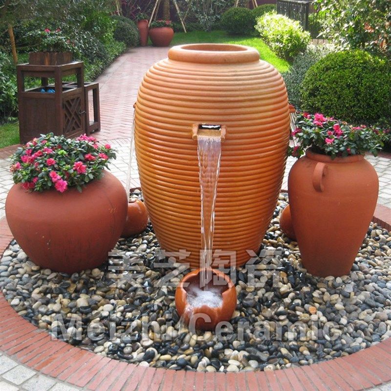 户外景观流水陶罐组合喷泉水缸园林红陶花盆冒水坛陶土盆喷水花瓶