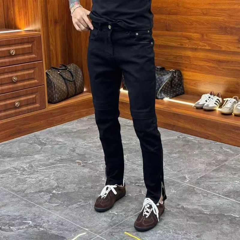高端简约脚口侧边拉链装饰牛仔裤男黑色秋季百搭弹力修身小脚裤子