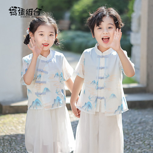 新中式女童汉服男童夏季短袖中国风改良古装中秋幼儿园民族演出服