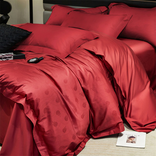 高端180d支全棉提花四件套匹马棉纯棉被套纯色酒红色结婚床上用品