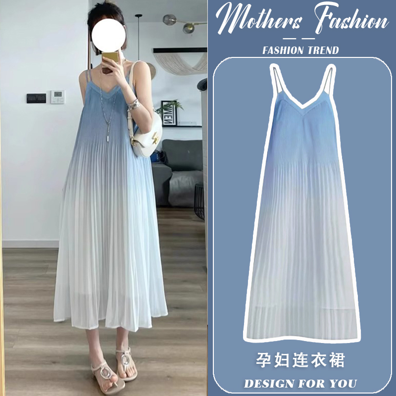 孕妇连衣裙夏季2025新款蓝色渐变宽松遮肚显瘦薄款无袖仙女吊带裙