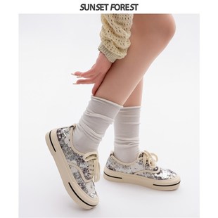 花朵运动鞋 落日森林亮片休闲板鞋 圆头系带时尚 新款 女厚底2024夏季