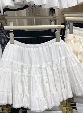 法式仙女白色甜美芭蕾风蛋糕裙荷叶边A字蓬蓬半身裙伞摆显瘦短裙