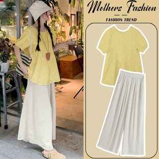 韩版 2025新款 宽松法式 泡泡袖 子两件套 孕妇套装 圆领减龄上衣裤 夏季