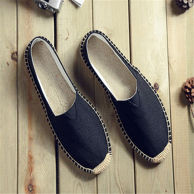 2021夏季亚麻手工缝制草编渔夫鞋男一脚蹬中国风46.47大码帆布鞋