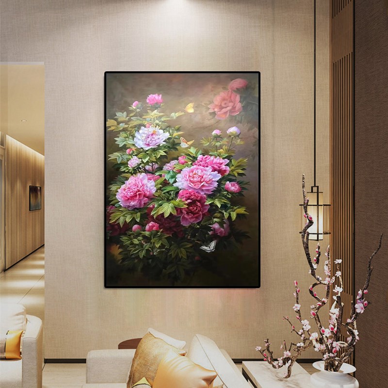 新中式纯手绘油画牡丹花开客z厅装饰画花开富贵玄关楼梯花卉挂画图片