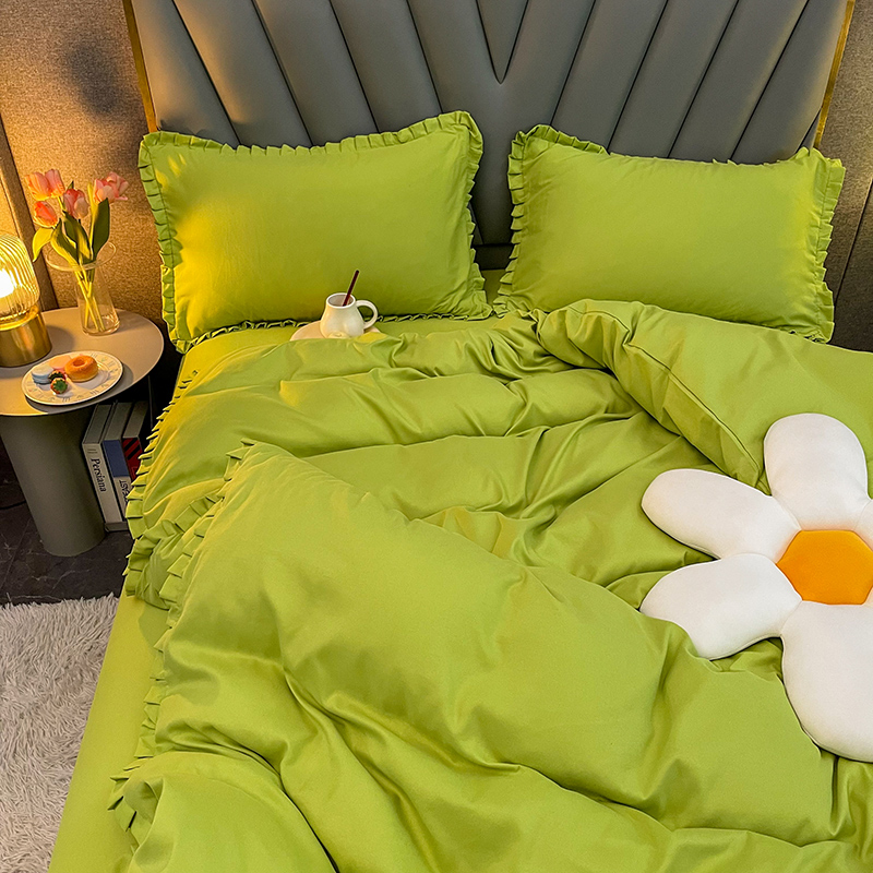 牛油果绿花边款床笠款四件套简约学生宿舍三件套床单床上用品简约